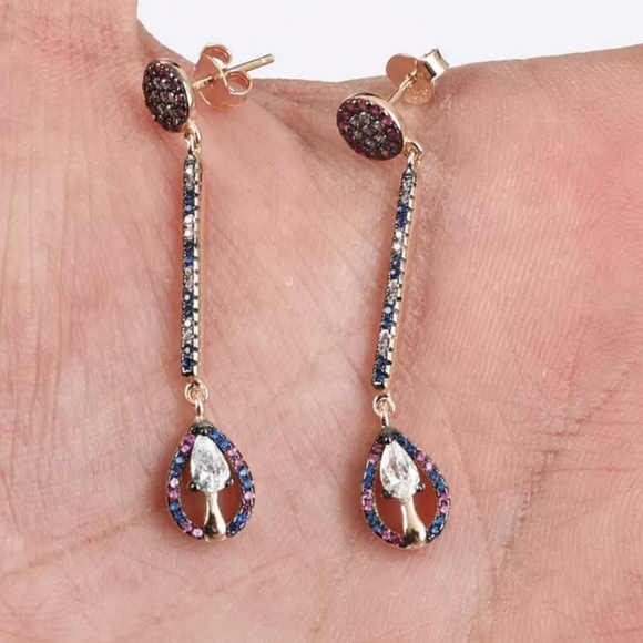 Long teardrop topaz, ruby & sapphire earring set